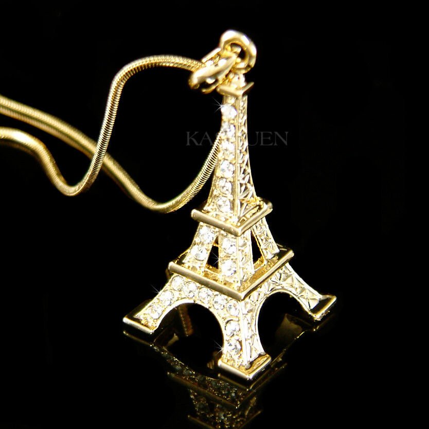 Gold Eiffel Tower Crystal Pendant Necklace