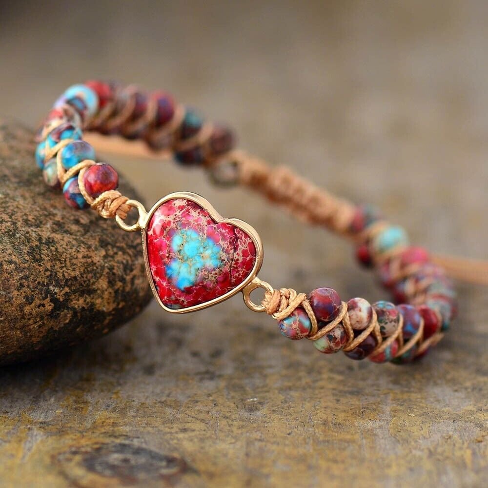 Hand-Braided Heart Charm Gemstone Bracelet