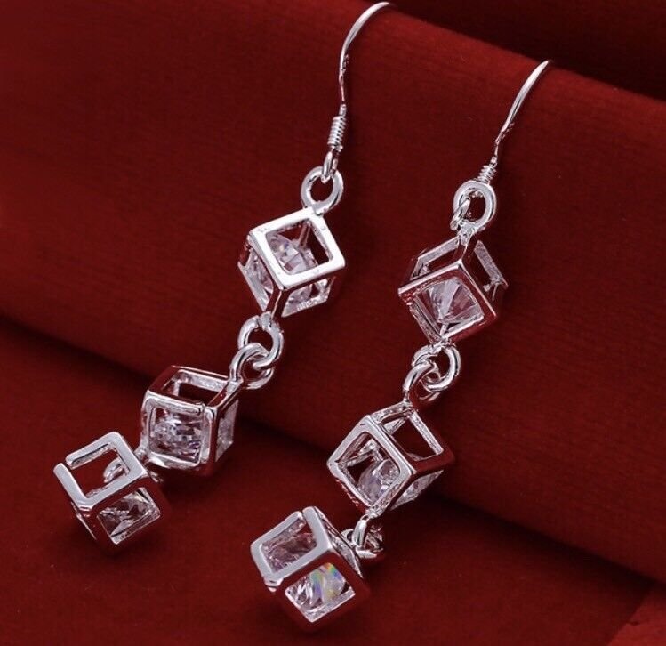 Silver Plated 3-Cube Crystal Dangle Earrings