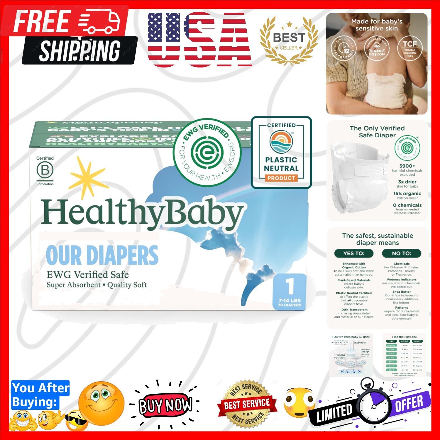 Plant Based Baby Diapers – EWG Verified, Size 1