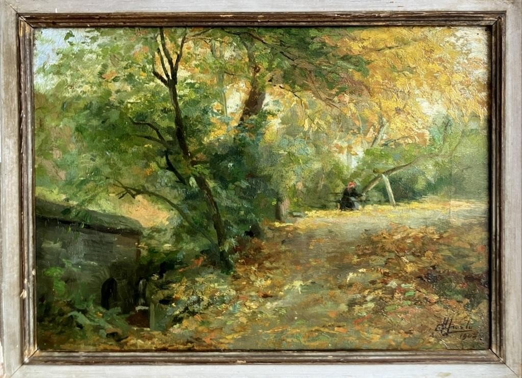 Antique Italian Garden Painting by Camillo Merlo