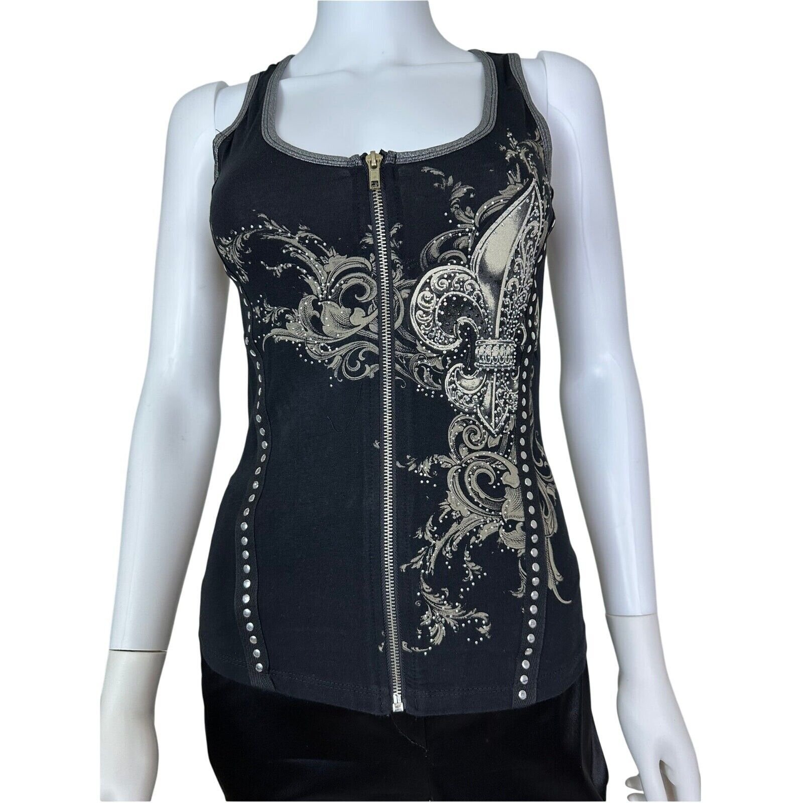 Black Cotton Spandex Tank Top with Fleur-de-Lis Design