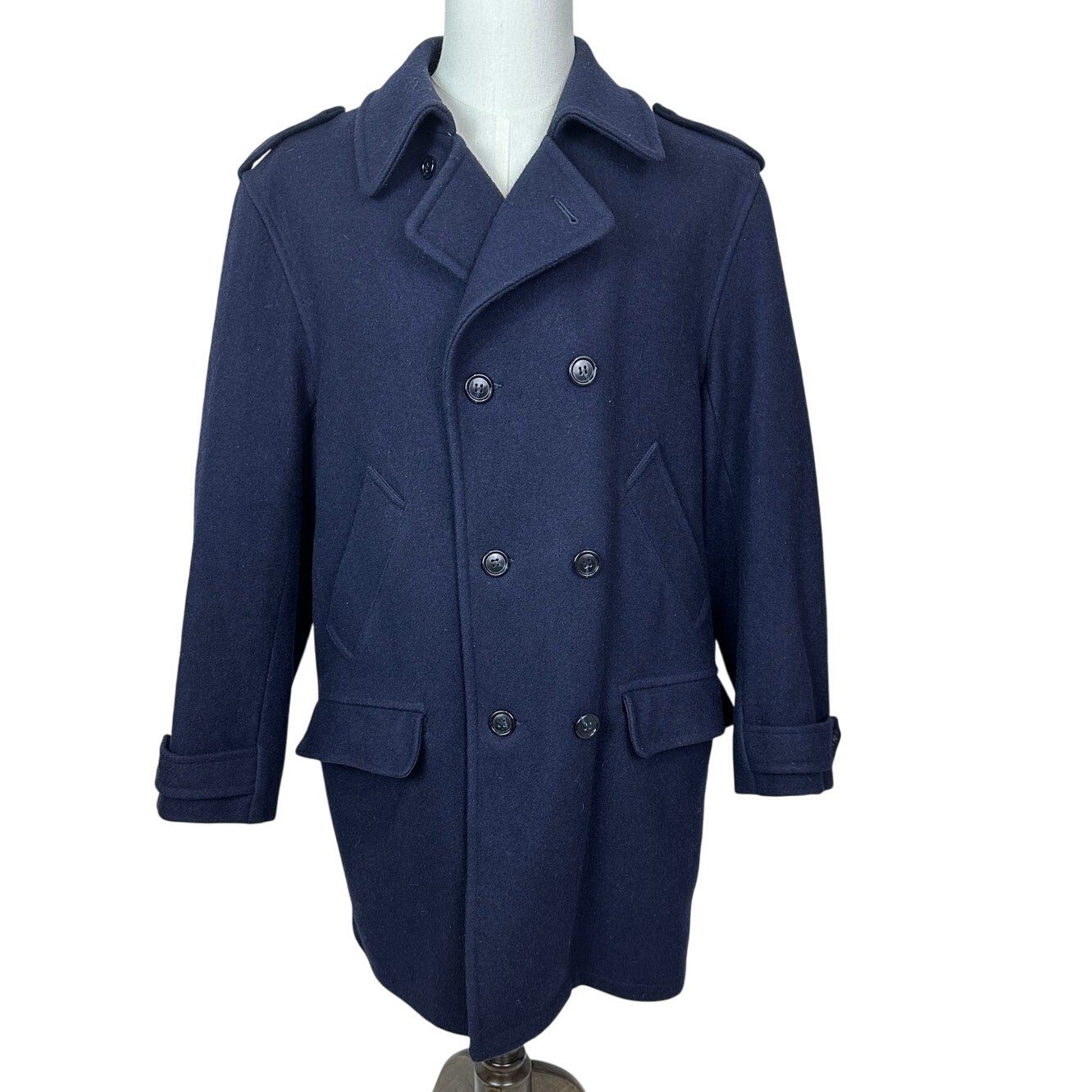 London Fog Men’s Classic Blue Wool Car Coat with Double Front Closure