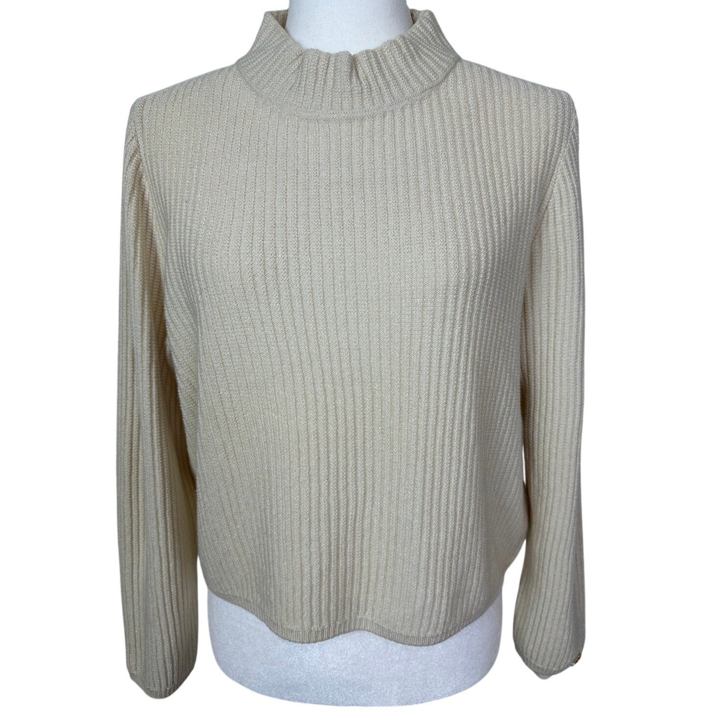 St. John Women’s Cream Wool Rayon Ribbed Mock Neck Sweater