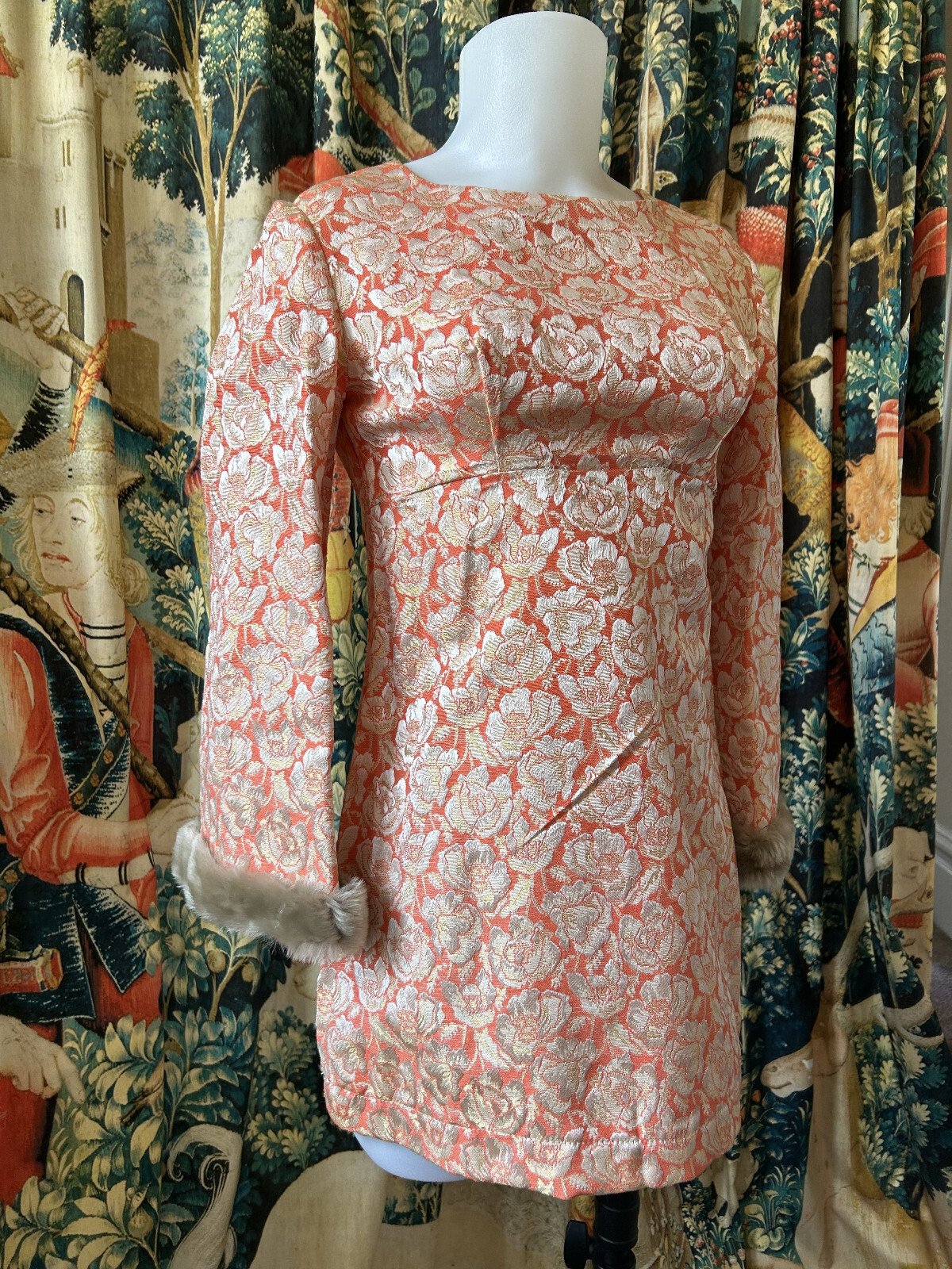 60s Brocade Mini Dress with Fur Glam