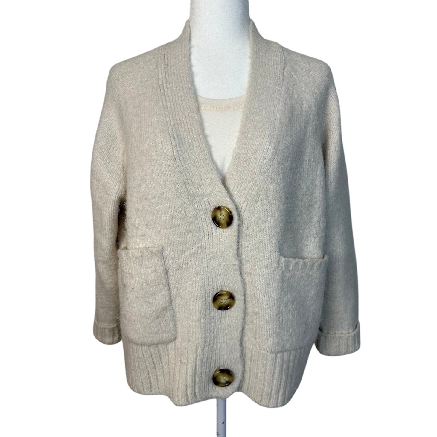 ZARA Women’s Cream Wool Knit Cardigan with Buttons and Pockets