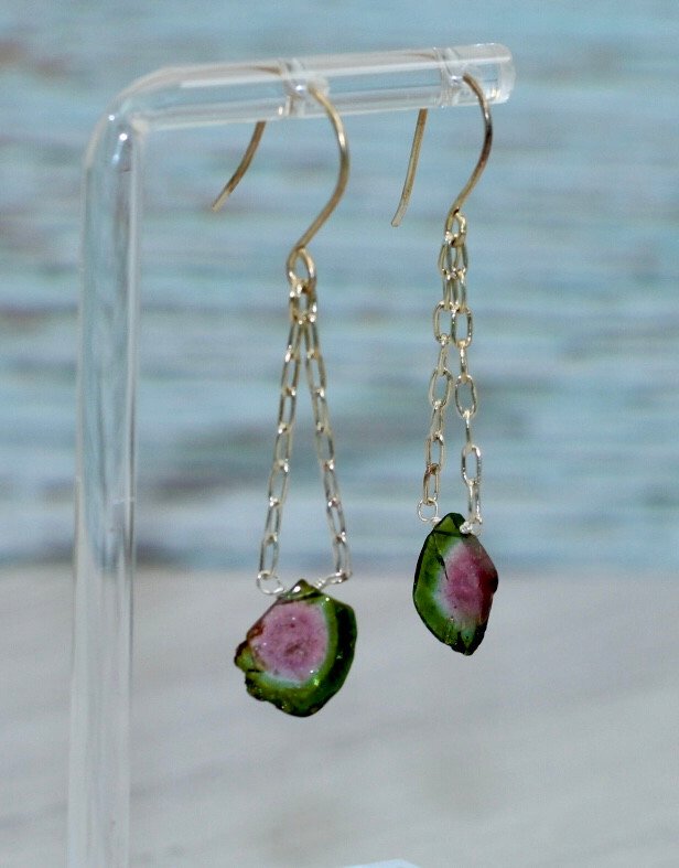 Bi-Colored Watermelon Tourmaline Drop Earrings in Sterling Silver