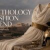 Ancient Greek inspired dress with a bronze helmet and classical ruins, capturing the mythology fashion trend through timeless design and historical symbolism.