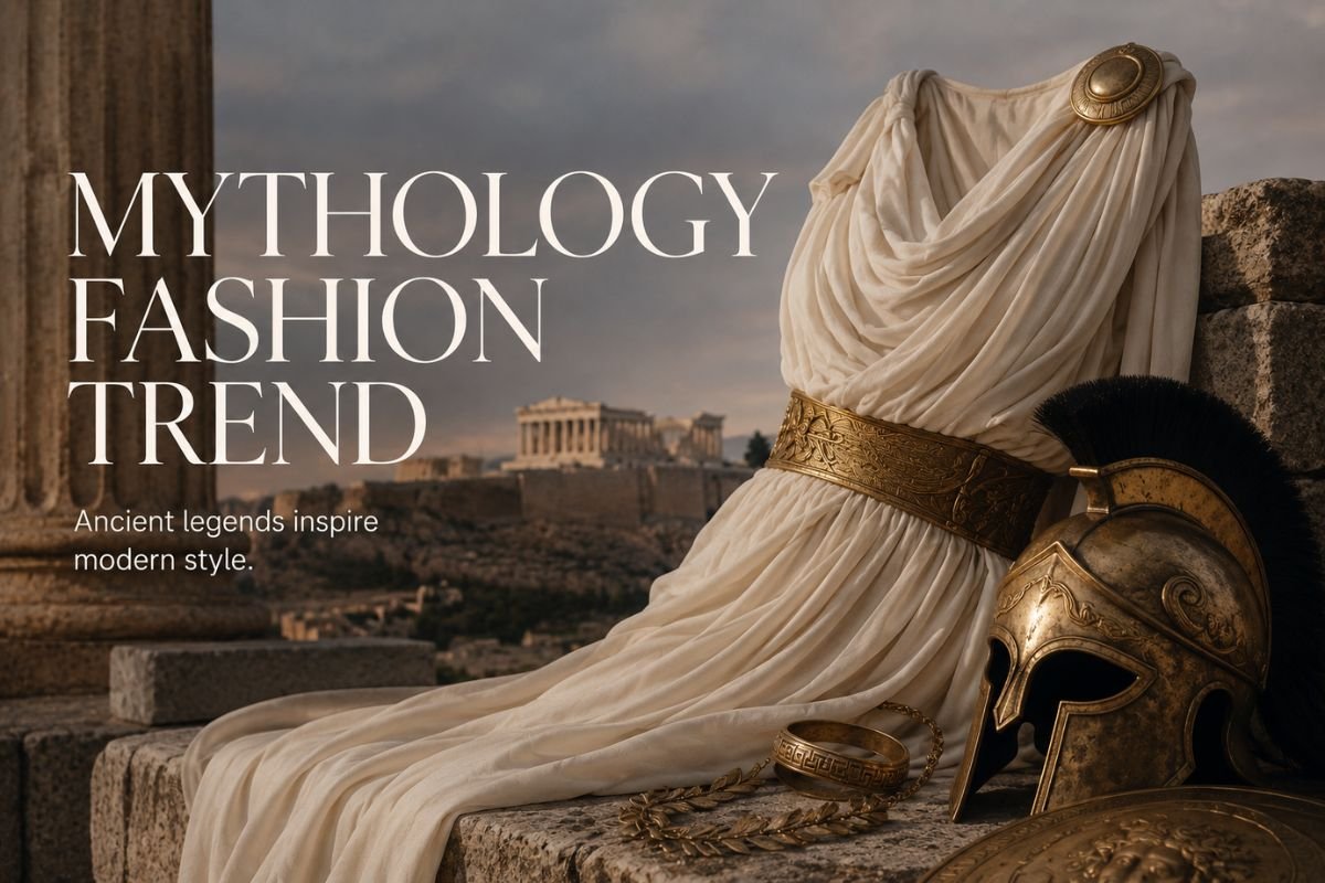 Ancient Greek inspired dress with a bronze helmet and classical ruins, capturing the mythology fashion trend through timeless design and historical symbolism.
