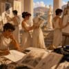 Mythology fashion designers developing couture inspired by Greek mythology, combining sketches, mood boards, classical sculptures, and historical references in a creative studio.