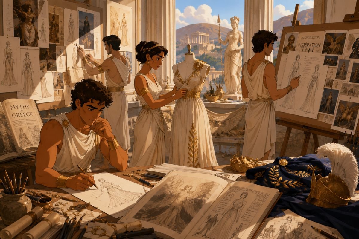 Mythology fashion designers developing couture inspired by Greek mythology, combining sketches, mood boards, classical sculptures, and historical references in a creative studio.