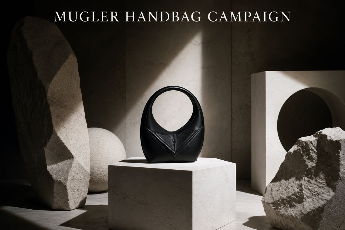 Mugler Handbag Campaign featuring a sculptural black handbag displayed on a stone pedestal with dramatic lighting and architectural forms that emphasize its artistic design.