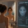 Pamela Anderson beauty standards reflected through a woman comparing her natural appearance with AI facial beauty analysis and digital beauty scores.