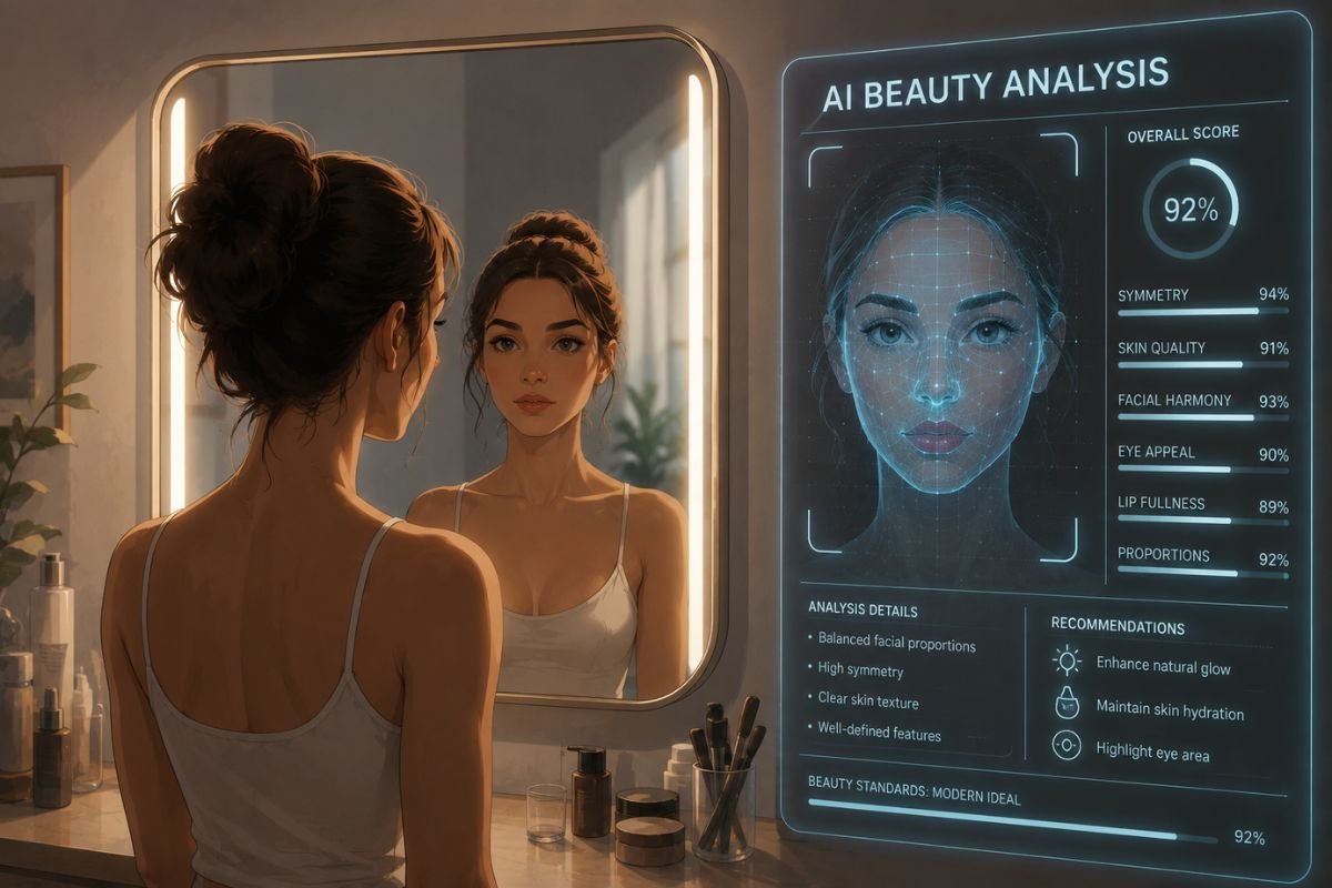 Pamela Anderson beauty standards reflected through a woman comparing her natural appearance with AI facial beauty analysis and digital beauty scores.