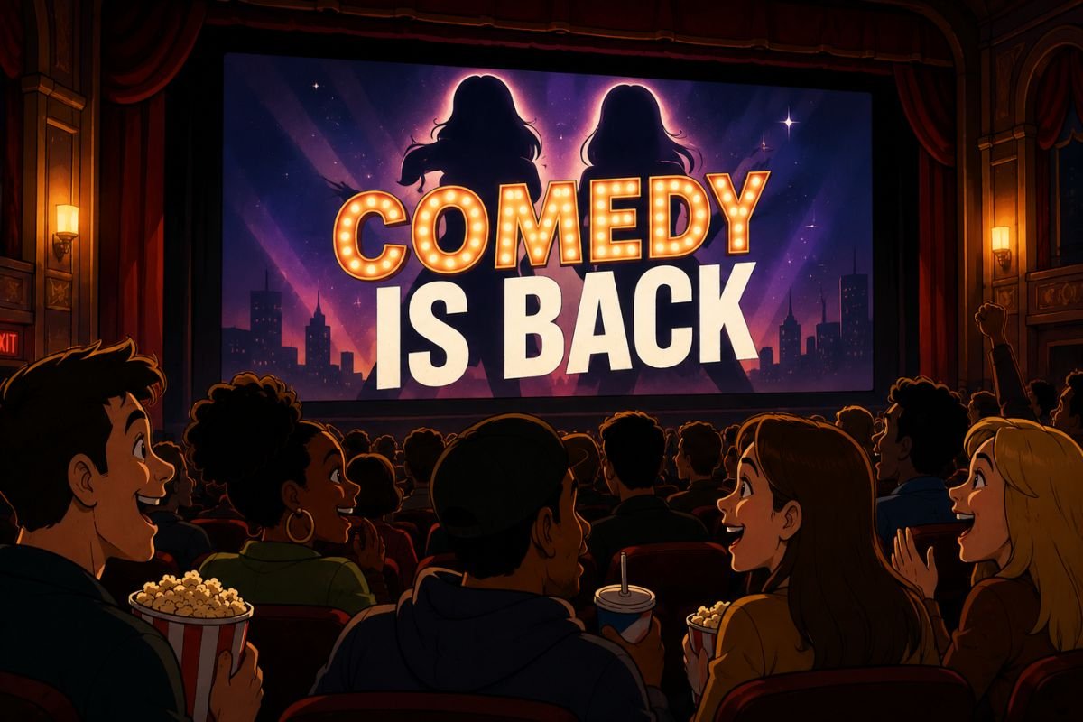 White Chicks 2 Returns as excited moviegoers watch a theater screen announcing the comeback of the iconic comedy sequel.