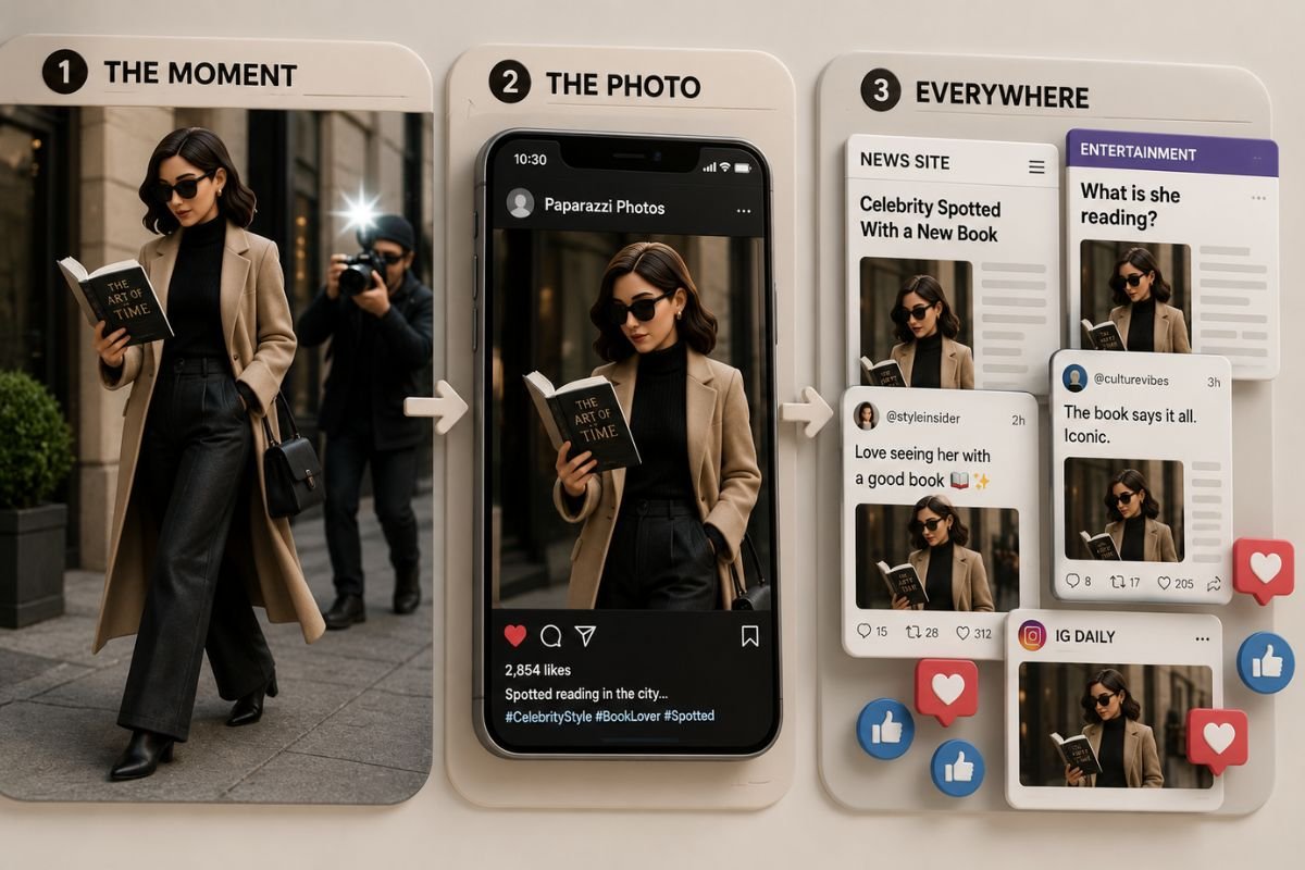 Celebrity photographed carrying a book as the image spreads across social media and news platforms, showing why celebrities carry books and attract public attention.