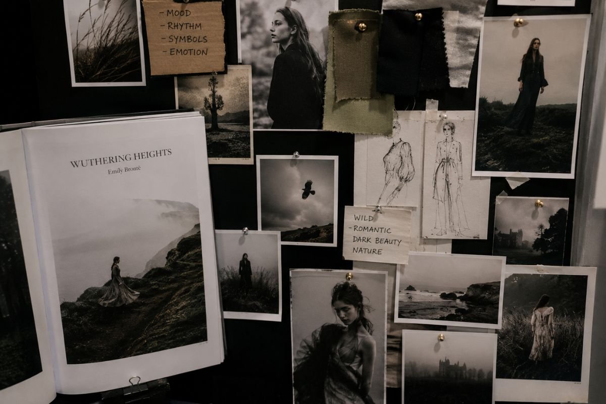 Creative fashion inspiration board with books, photographs, sketches, and fabric samples, reflecting how fashion literary events are changing fashion culture through storytelling and artistic collaboration.
