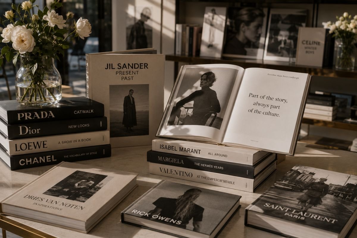 Luxury fashion books by iconic brands on display, illustrating why fashion brands love books as a source of creative inspiration, heritage, and cultural storytelling.