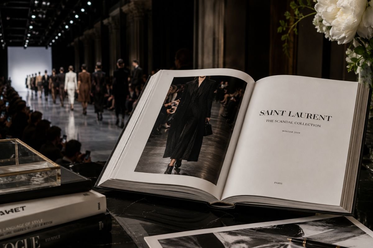 Fashion runway beside an open Saint Laurent book, showing how fashion brands turn books into part of their legacy by preserving collections and creative history.