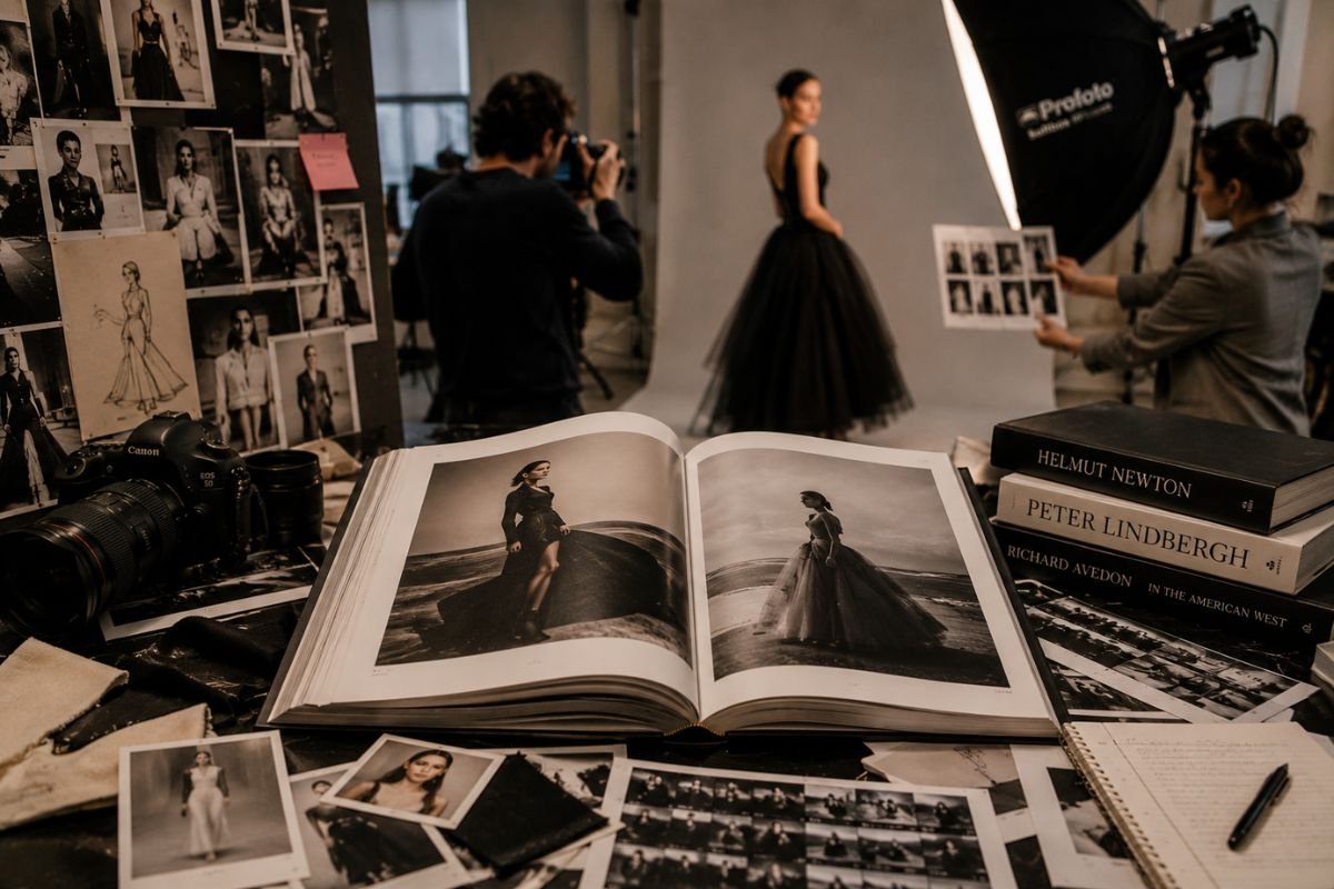 Fashion photography studio with an open photo book, capturing the creative process and stories behind books in fashion from concept to finished publication.