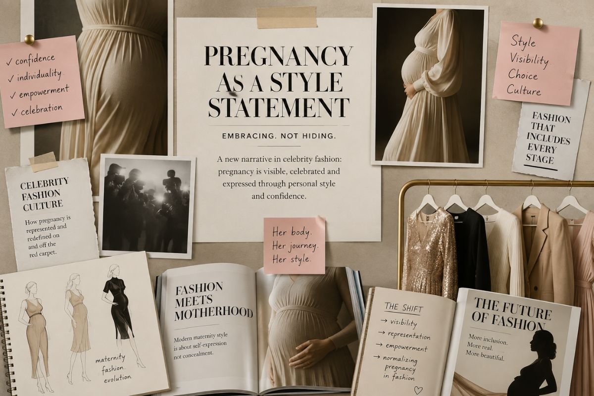 Editorial maternity fashion moodboard reflecting the cultural shift behind Anne Hathaway Pregnancy Style and the visibility of pregnancy in celebrity fashion.
