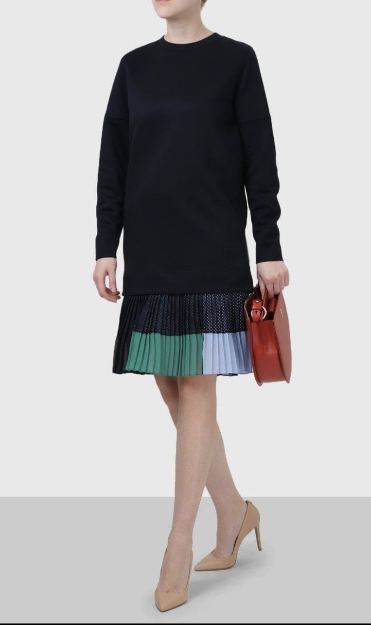 Pleated Knit Sweater Dress in Black Blue