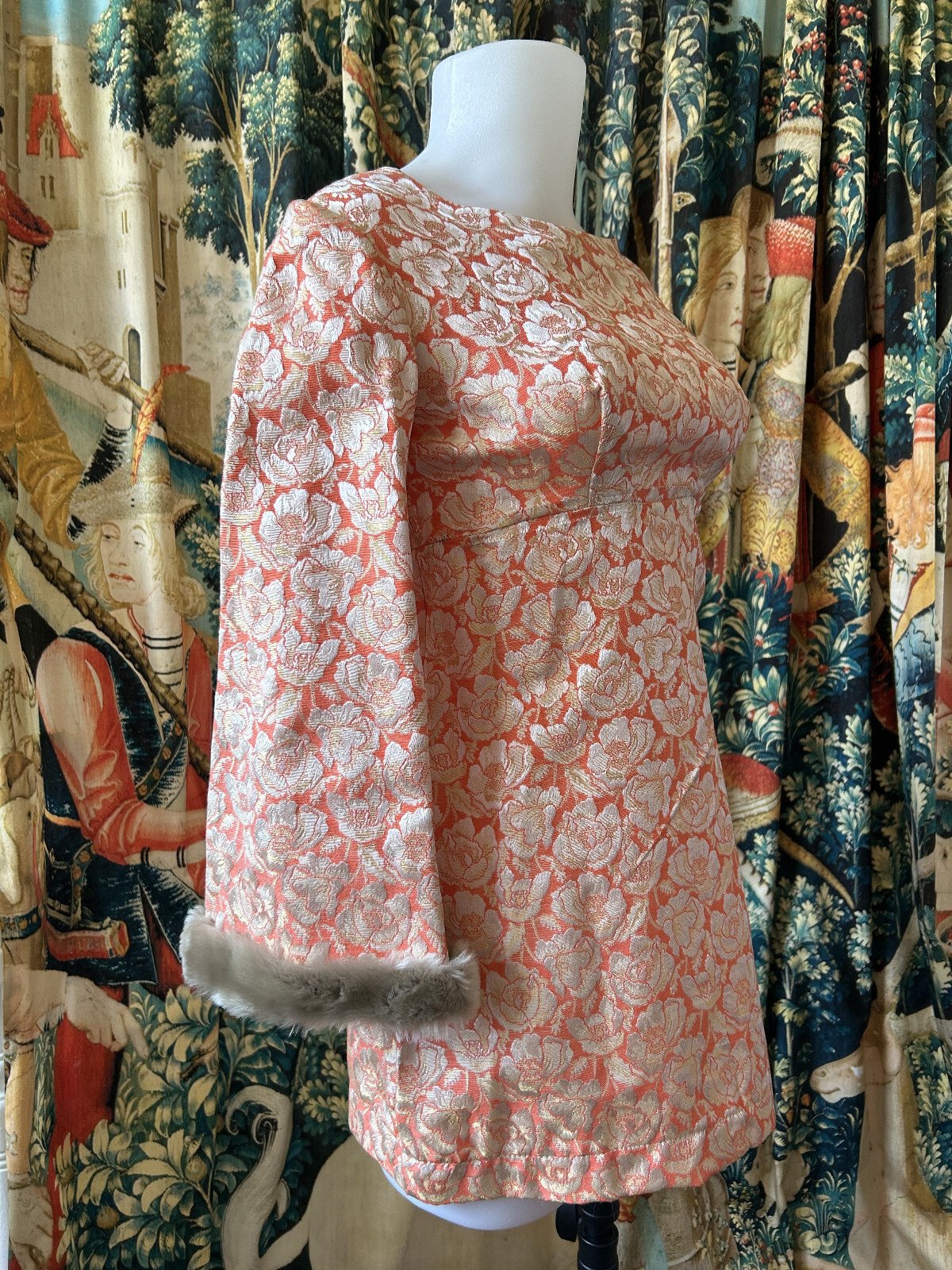 60s Brocade Mini Dress with Fur Glam