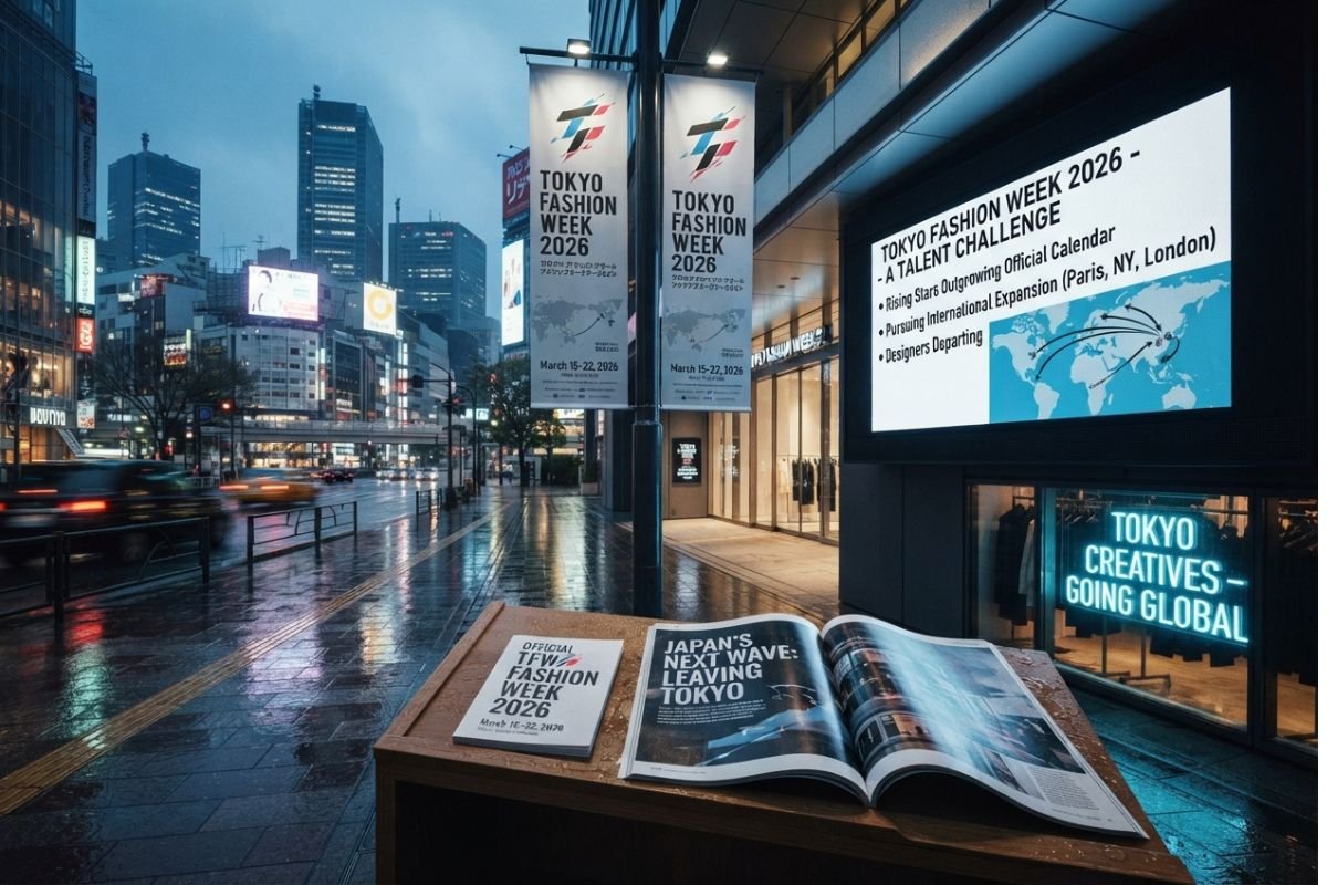 Tokyo Fashion Week 2026 visualized on a rainy Tokyo street with fashion week banners, editorial displays, and references to Japanese designers going global.