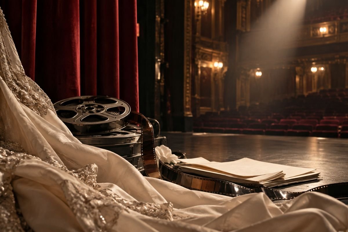Dior A24 partnership represented through luxury fashion fabric, film reels and a theatrical stage.